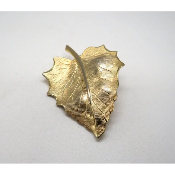 Vintage Leaf Brooch 2" Gold Tone Pin Realistic Stem Veins Autumn - Picture 5 of 11